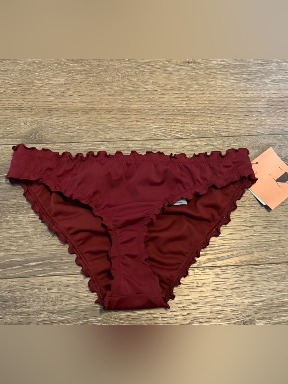 Shade and Shore Burgundy low rise cheeky bikini bottoms with ruffled trim